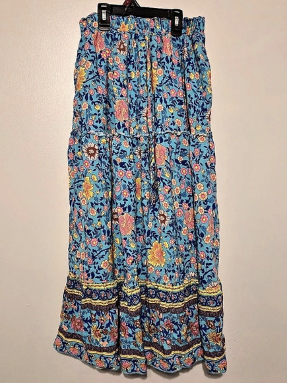 SimpleFun Boho Floral Tiered Maxi Skirt Blue & Multicolor